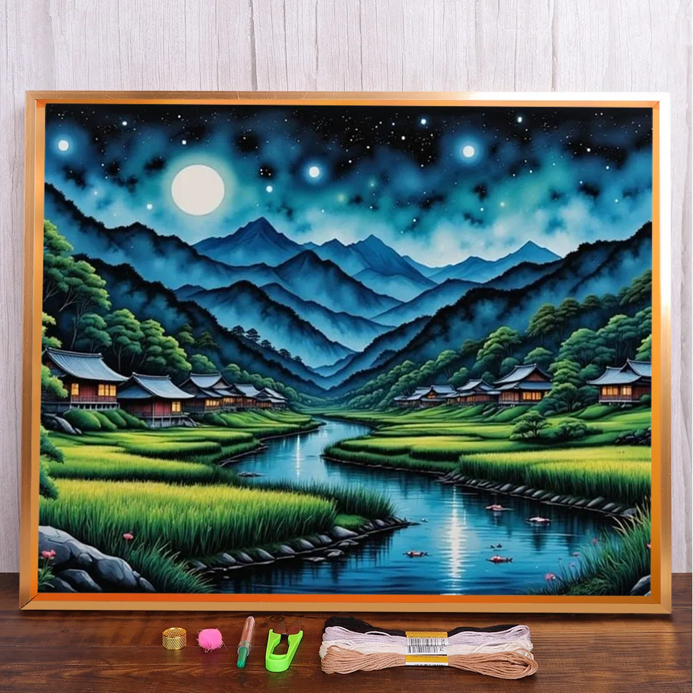 Landschaft Mond Fluss vorgedrucktes Kreuzstich-Stickset Handarbeit Handarbeit Stricken Handwerk gezählte Sonderangebote Verkauf