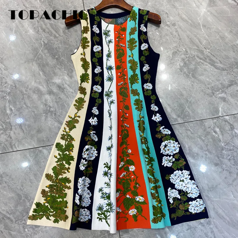 

8.26 Women's Elegant Vintage O-Neck Sleeveless Contrast Color Flower Jacquard Knit Mini Dress