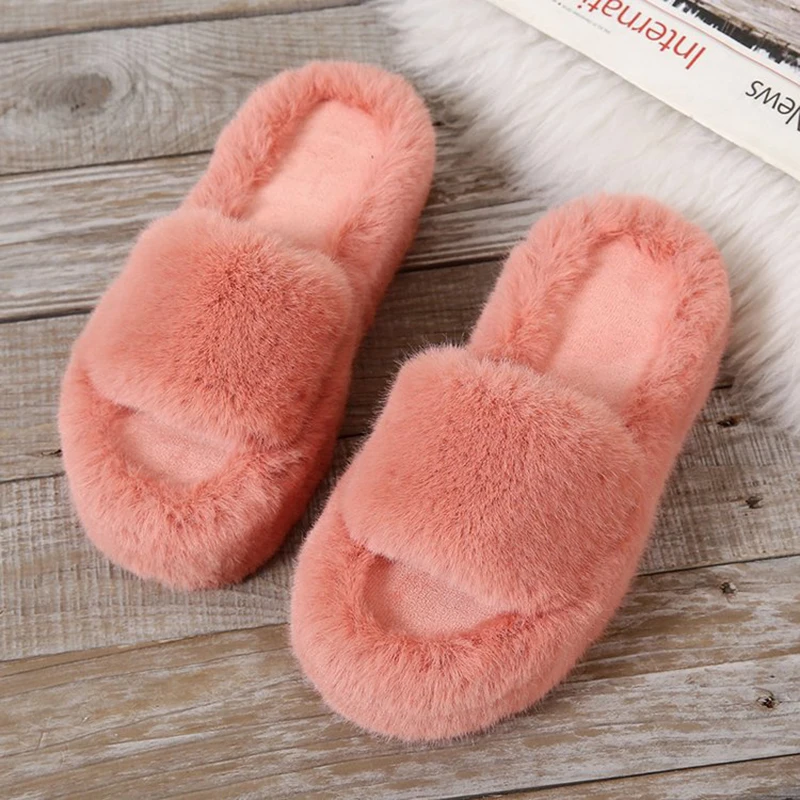 

Plus Size Daughter Quality Luxury One Word Thick Sole Winter Warm Plus Velvet Home Women Shoes Interior Plush Open Toe Cotton