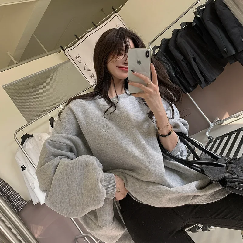Female Long Sleeve Plus Velvet Pink Pullovers Women Thick Loose All-match Mid-length Casual Tops Korean Fall Winter 2021 New