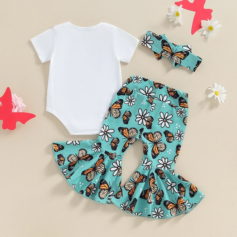 

Baby Girls Summer 3PCS Sets Short Sleeve Romper Tops Floral Butterfly Print Flared Pants Headband Sets