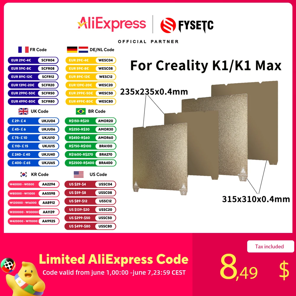 양면 인쇄 PEI 강판, Creality K1/K1 MAX Ender 3 S1 Pro Ender3 S1/ 5 S1, 235x23, 5mm, 315x310mm 빌드 플레이트