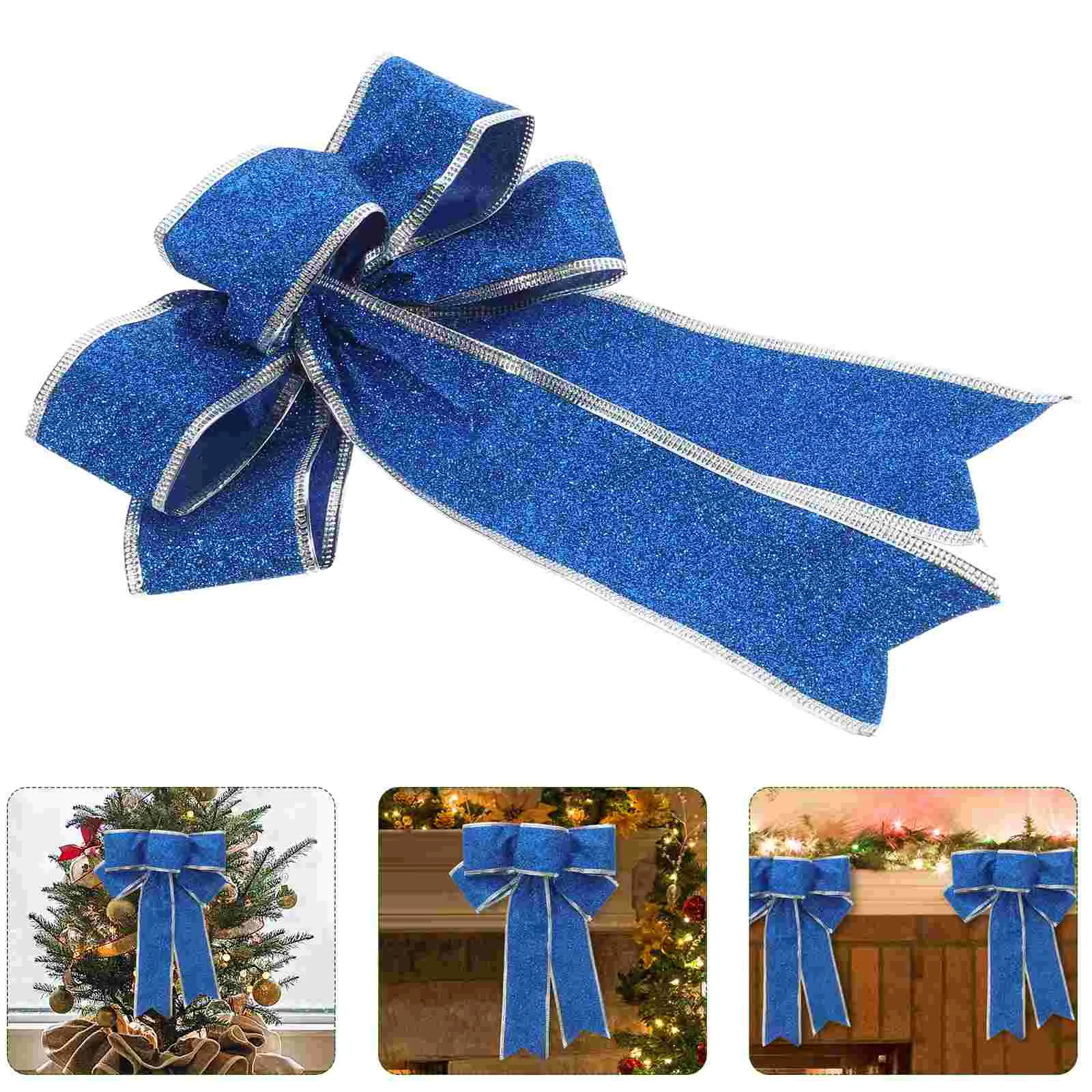

5pcs/Pack Glittering Fabric Christmas Ribbon Bow Gift Knot Ribbon Ornaments for Christmas Tree Presents Decoration(Blue)