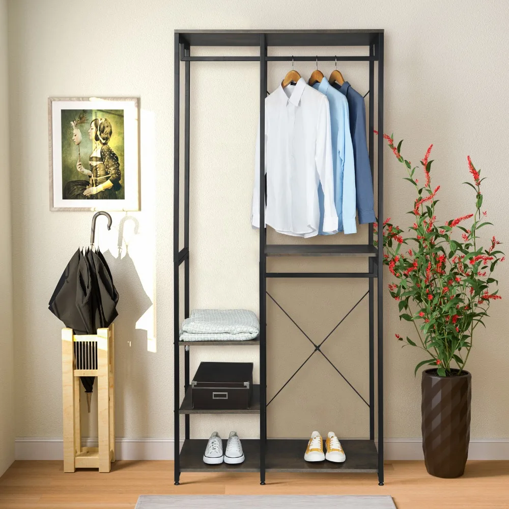 WOLTU 1 Stück Kleiderständer aus Holz und Stahl, bodenstehend, zum Aufhängen von Kleidung, Aufbewahrungsregal, Kleiderbügelständer, Schuhregal, Wohnzimmer, Schlafzimmer – Detail 12