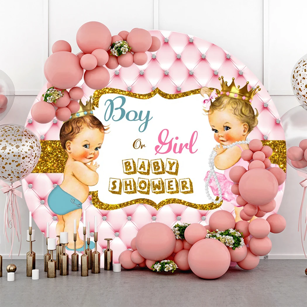 

Laeacco Baby Shower Round Backdrop He or She Newborn Gender Reveal Photography Background Pink Headboard Photo Studio Props