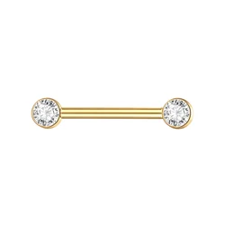 Gold - Tone Titanium Nipple Ring with CZ Bezel - Set Piercing Barbell Jewelry (14G 1.6x12x4x4mm)