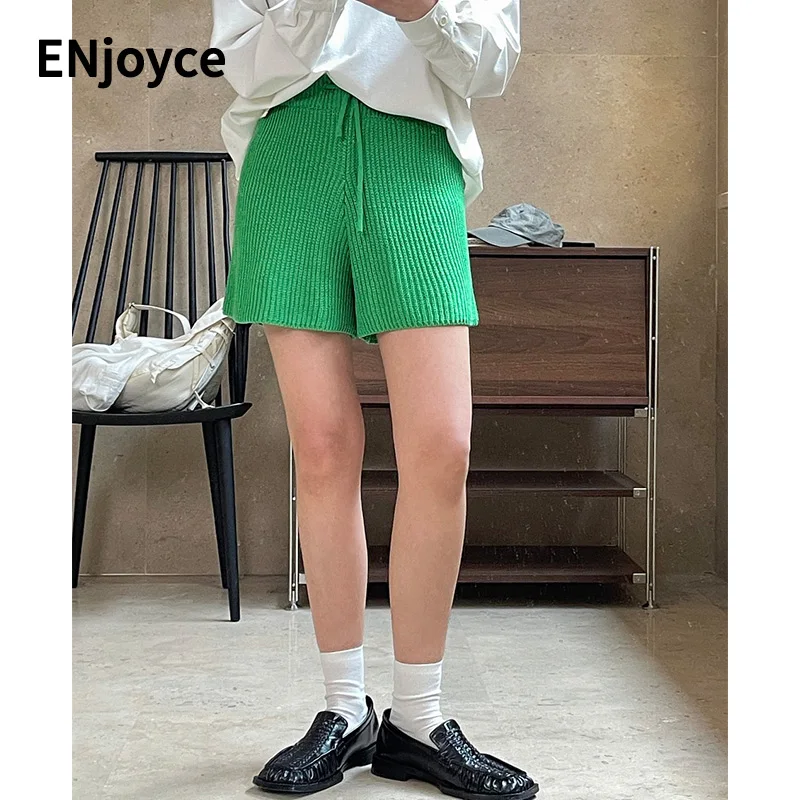 

Spring Summer Women Knitted Elastic High-waisted Shorts Female Korean Style Casual Loose Straight Short Pants Knitwear