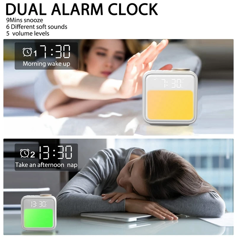 수면 보조 및 야간 조명이 있는 무거운 침목용 알람 시계, 깨우기 소리 및 RGB 색상, 충전식 듀얼 알람 FS-PHFU