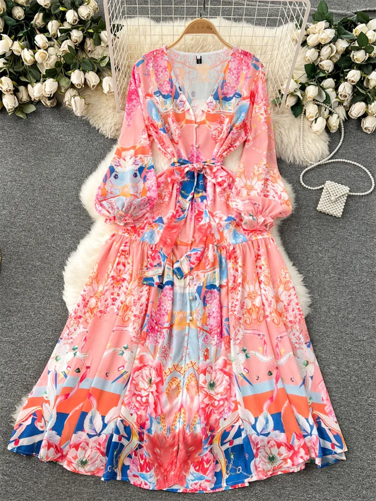 

Spring Vacation Long Dresses Women 2024 Front Buttoned Vintage Print Dress Tie Belt V Neck Long Sleeve Elegant Party Dress