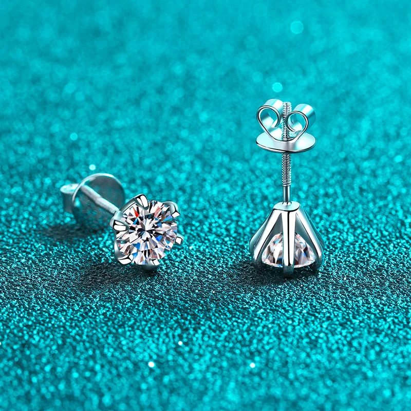 JECIRCON 925 Sterling Silver Earrings for Women 6 Claw Moissanite Screw Stud Earrings Plated PT950 Gold  Manufacturer Wholesale