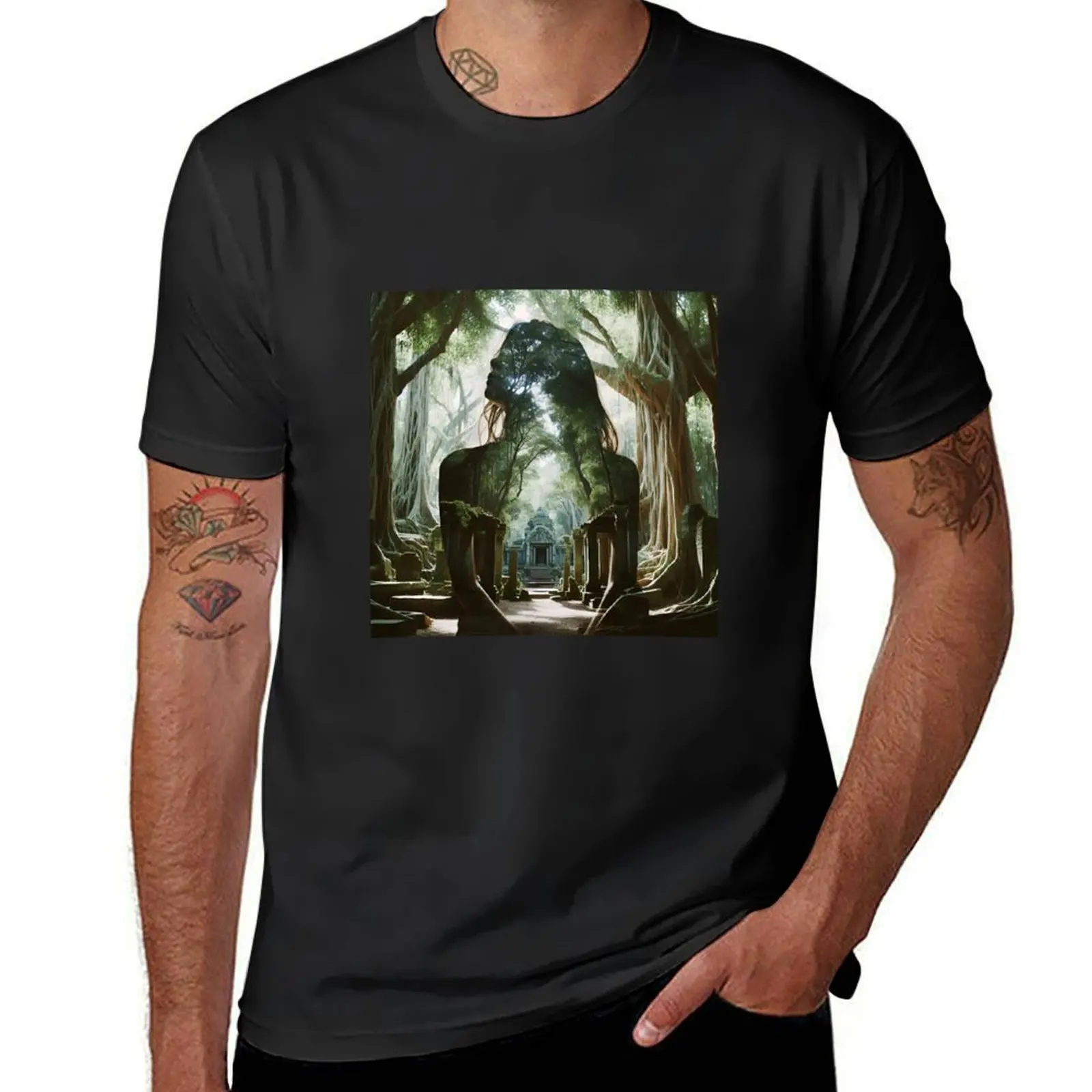 

Douple exposure of beautiful woman and old temple in the jungle T-Shirt Aesthetic clothing anime t shirts for men cotton