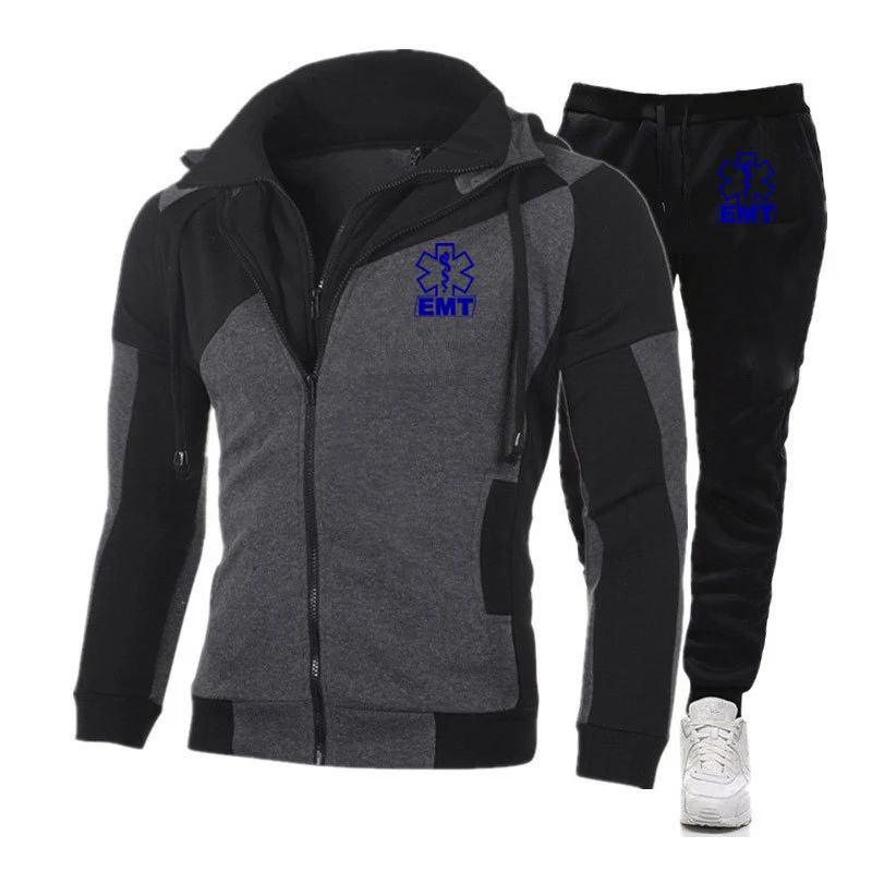 Men Emergency Ambulance Print Zipper Tracksuit Hoodies Sweatpants Set