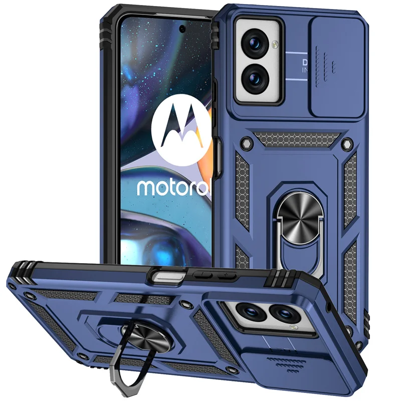 Shockproof Armor Phone Case with Magnetic Ring Holder and Slide Lens Protector