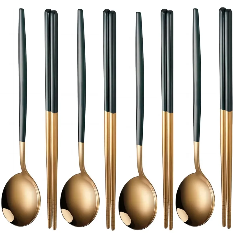 4 Set Household Black Gold Cutlery Set Chopsticks Spoon Green Gold Stainless Steel Dinnerware Set Luxury Tableware Set
