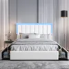 Bed Frame, Upholstered Platform Bed with Faux Leather Headboard and LED Lights and Storage Drawers, Strong Wooden Slats Support 1
