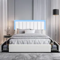 Bed Frame, Upholstered Platform Bed with Faux Leather Headboard and LED Lights and Storage Drawers, Strong Wooden Slats Support 1