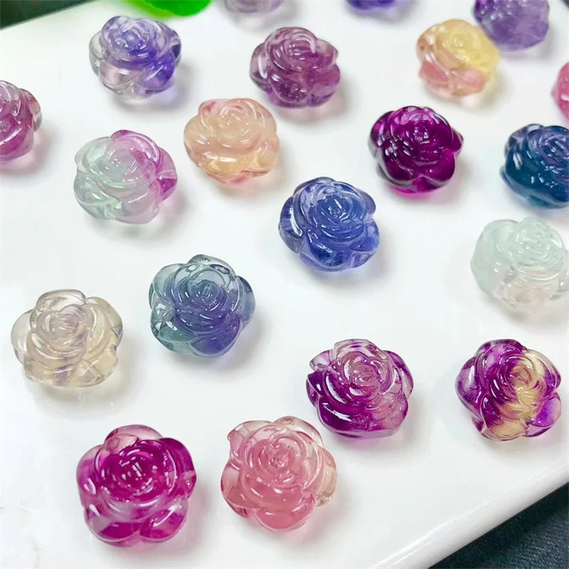 

10PCS Natural Fluorite Rose Flower Healing Carving Crystal Crafts Energy Gemstone Women Gift 13MM