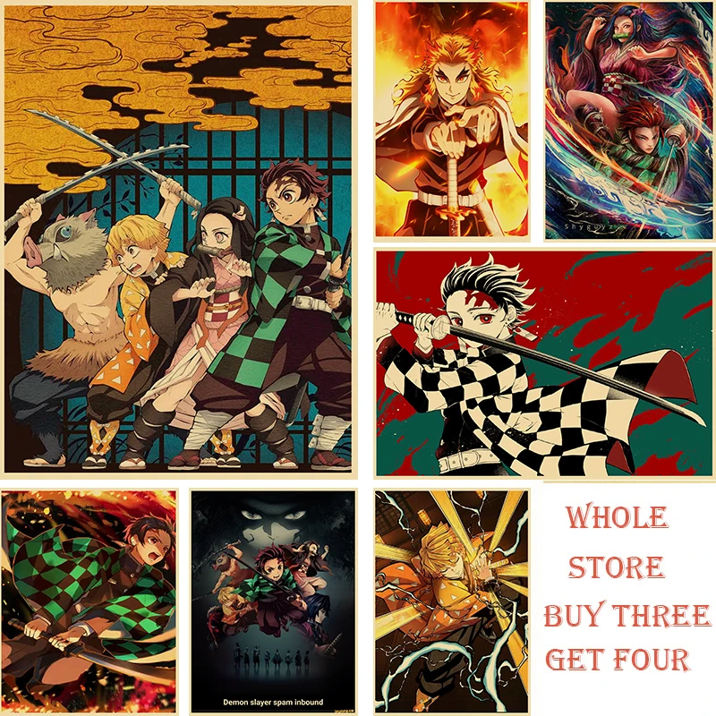 

Classic Anime Demon Slayer :Poster Cartoon Re Tro Kraft Paper Printing Creative Retro Home Room Bar Club Decorative Room Decor