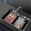YCRAYS Nano Kitchen Sink With Knife Holder Black Waterfall Faucet Large Single Bowl Accessories Pure Tap Cup Wash Soap Dispenser 1