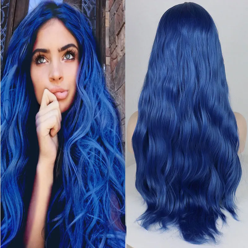 

Темно-синий парик из синтетических волос на сетке спереди, бесклеевые волнистые волосы из термостойкого волокна, естественный парик среднего размера для белых женщин