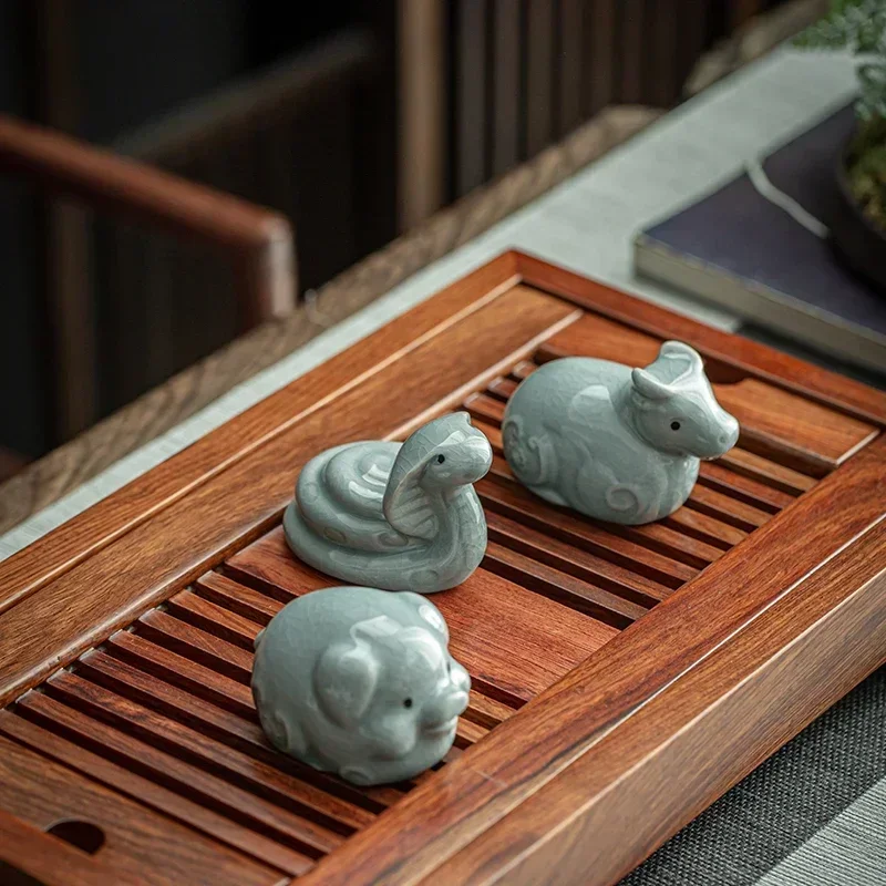 Tea Pet Ornaments Retro Ceramics Chinese Zodiac Animal Statue Cute Tea Figurine Desktop Crafts Set