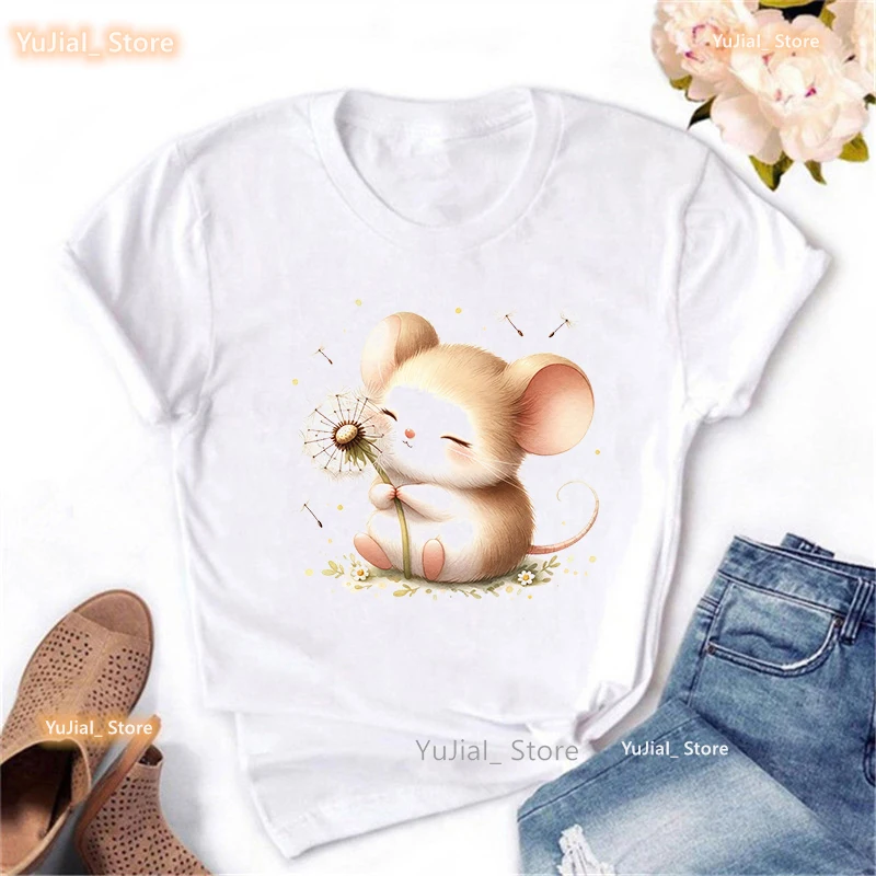 Maus Wunsch Löwenzahn Druck T-Shirt Mädchen Kawaii Kleidung Sommer Mode Tops T-Shirt Frauen Harajuku Shirt – Detail 5