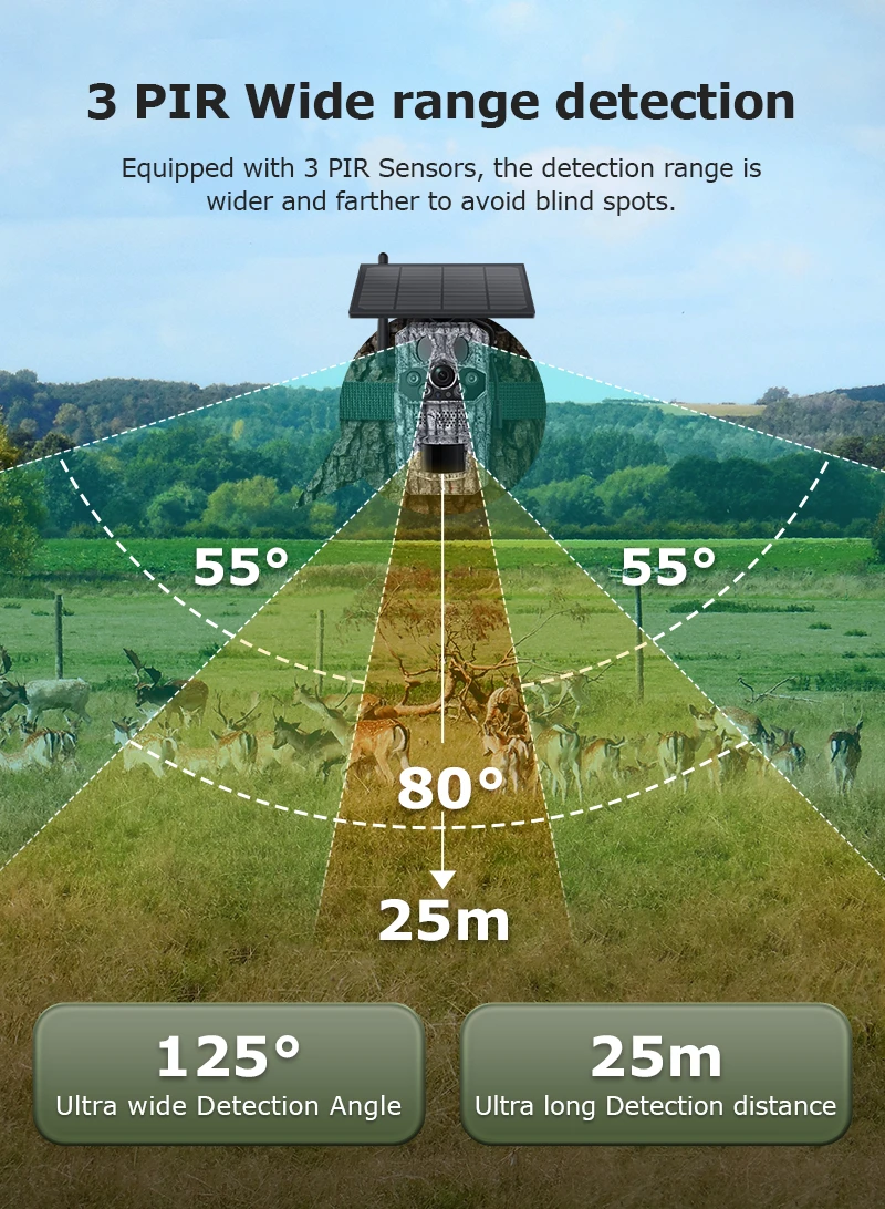 2K Outdoor 4G Solar Cellular Trail Camera Hunting Trail Camera 3-PIRs Motion Act