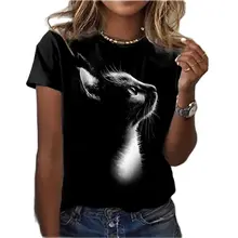 Summer Cat Drawing T-Shirt Women 3D Cat Animal Print Round Neck Black Ladies Casual Loose Streetwear Large Size 6XL