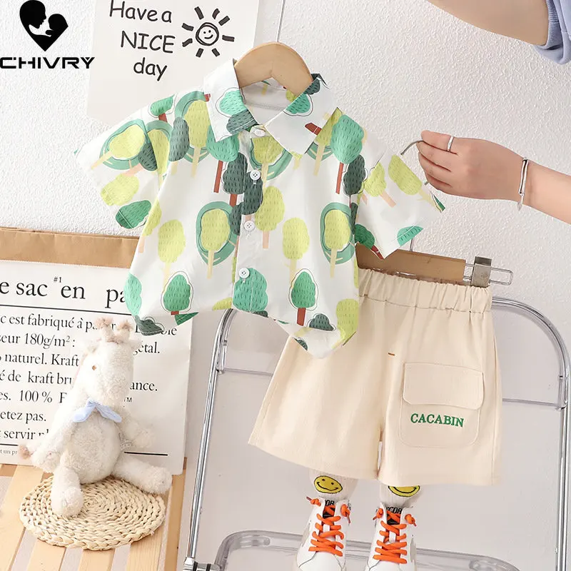 

Boys Summer Clothing Suit New 2023 Baby Boy Fashion Print Short Sleeve Lapel Shirt Tops with Shorts Kids Casual Clothes Sets