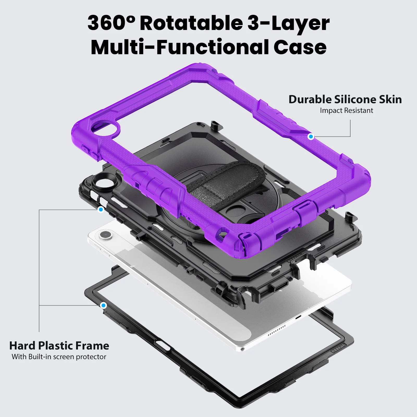 Rugged Armor Tablet Case with Screen Protector and Rotating Stand - Heavy Duty Cover with Shoulder Strap
