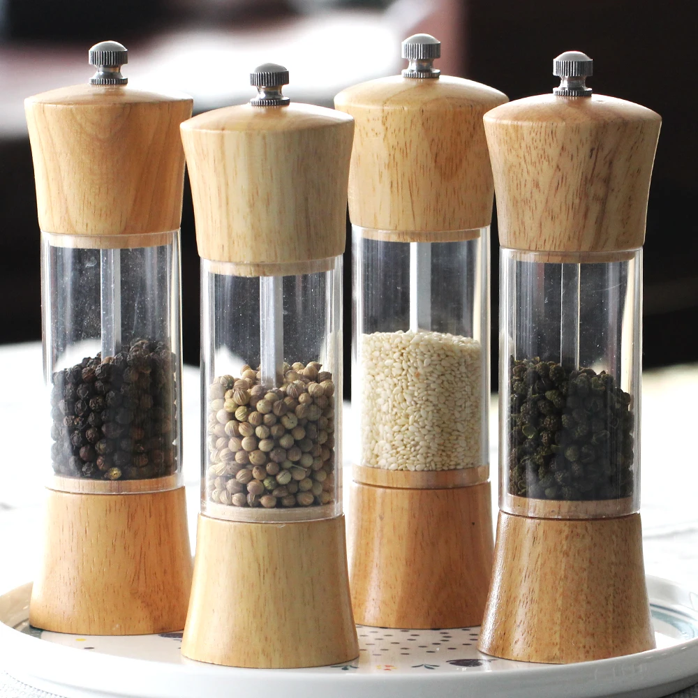6 inch Wood Acrylic Spice Pepper Mill with Strong Adjustable Ceramic Grinder Home Kitchen Tools For Cooking