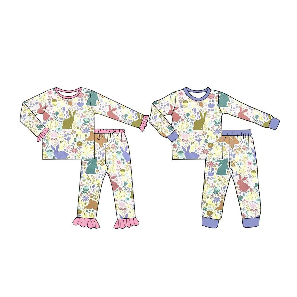 

Easter Boutique Pajamas Children's Set Long Sleeve Lace Rabbit Egg Print Pants Girls Boys Long Sleeve Pajamas Set