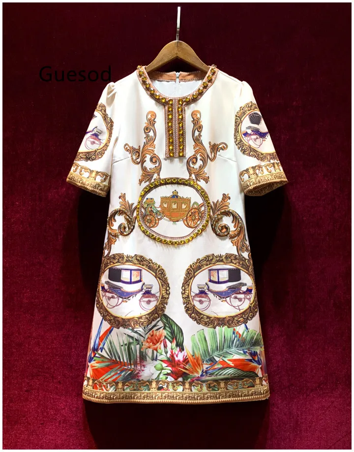 

Guesod Women Designer Casual Short Sleeve Beading French Vintage Parint Dress 2022 Summer New Arrive