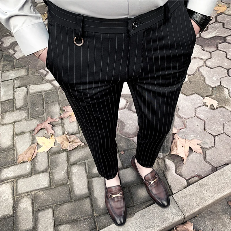 Stretch Pants Suit Pants Men Pants Men's Suit Pants Dress Pants Stretch Slim Straight Black Striped Formal Ankle Trouser
