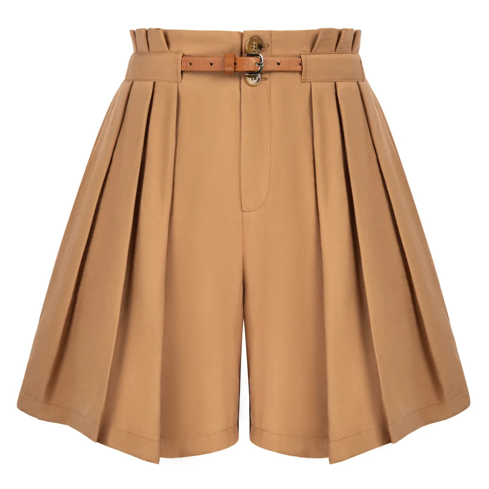 

Belle Poque Women Vintage High Waist Wide Leg Shorts With Belt Summer Beach Shorts With Pockets & Belts Pleated Front Short Pant
