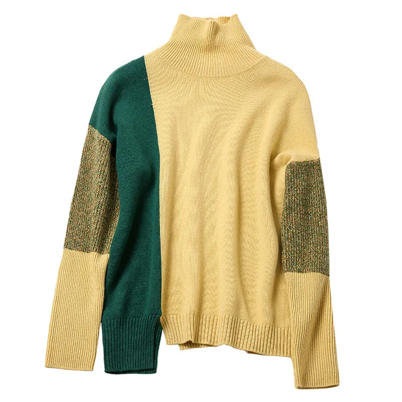 Women's Turtleneck Sweater Color Contrast 2021 Autumn Winter Warm Pullover Sweater For Women Loose Soft Knitted Sweaters Female yellow sweater