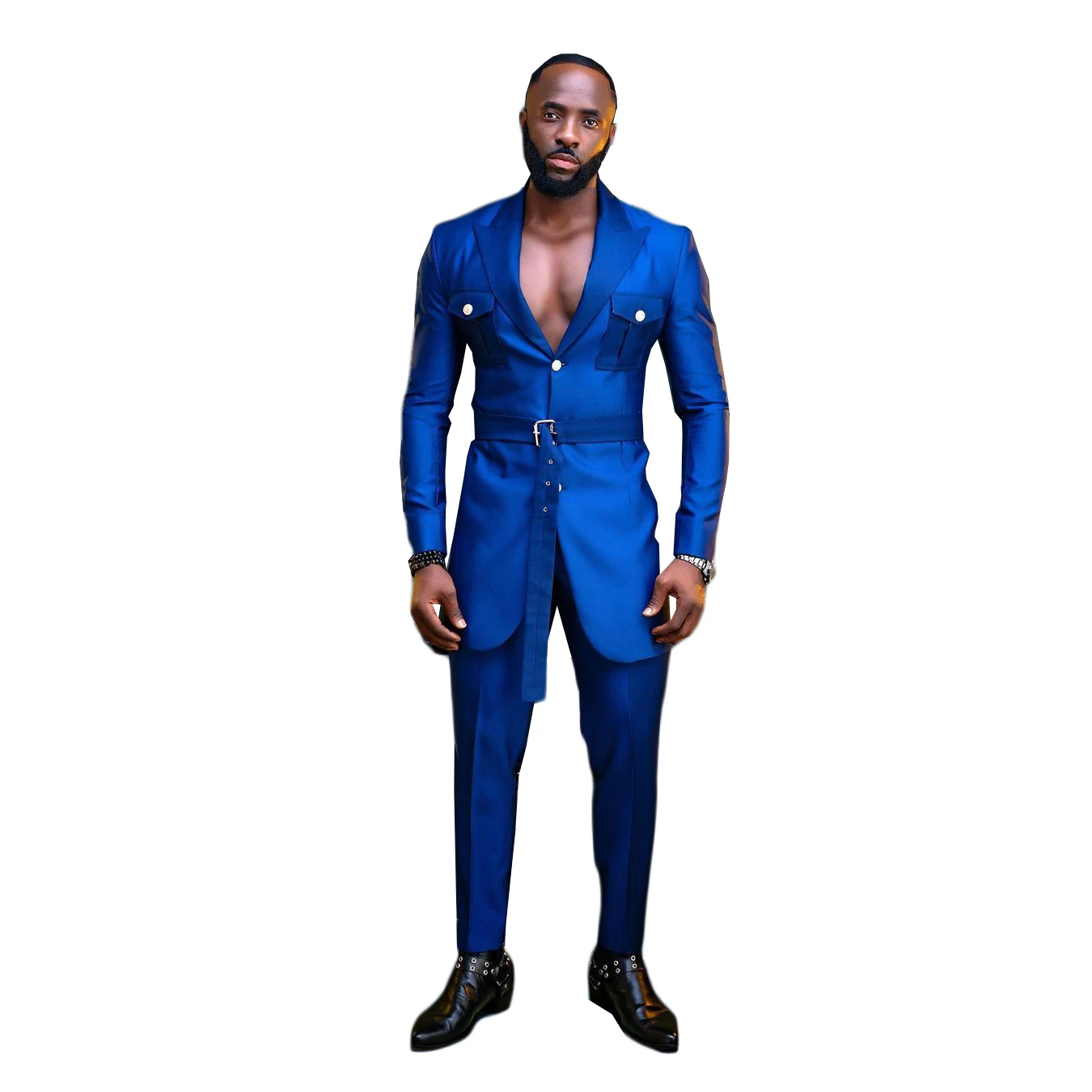 Men Wedding Suits Fashion Party Prom Suits For Men Peaked Lapel Groom Wear With Belt Slim Fit Tuxedos 2 Pcs Jacket Pants Made