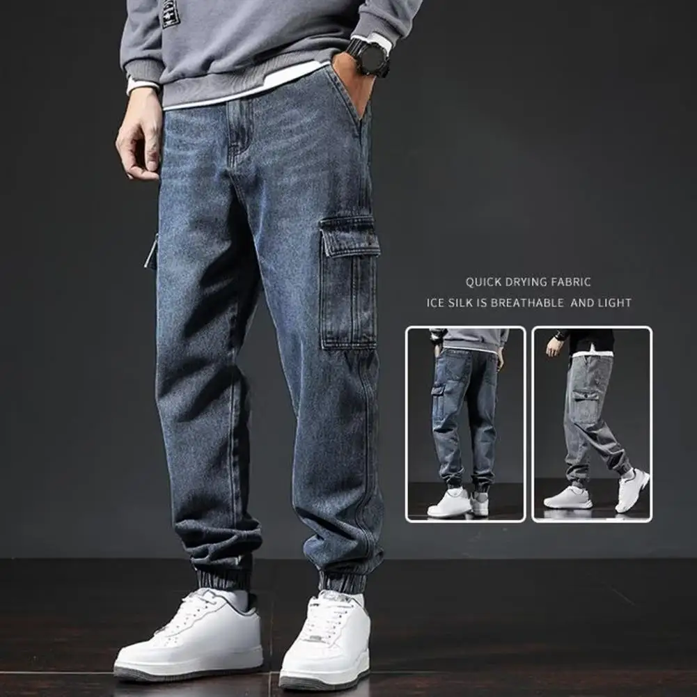 

Men Cargo Pants Solid Color Trousers Retro Streetwear Men's Cargo Pants with Ankle-banded Elastic Multi Pockets for Comfortable