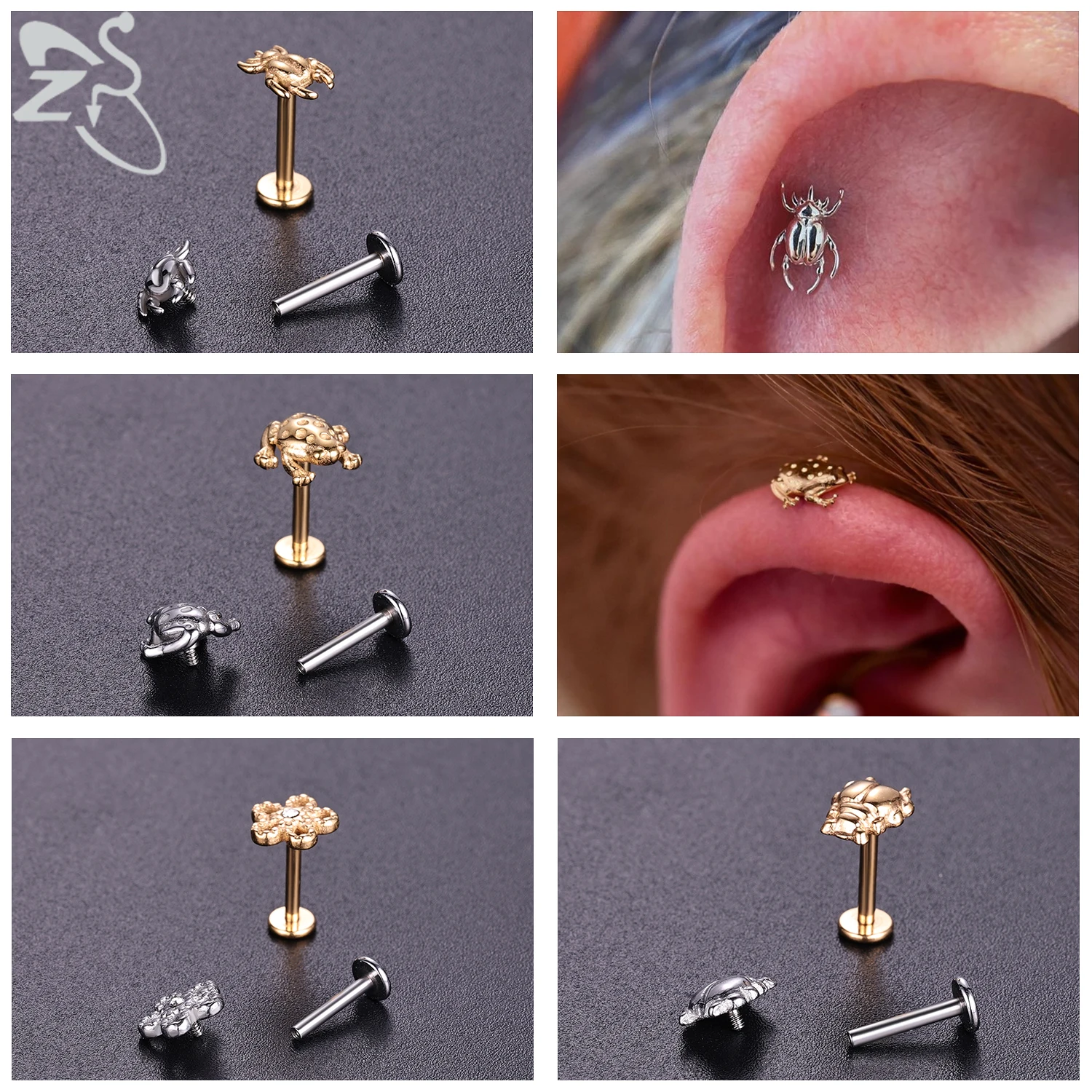 ZS 1개 16G/18G 스테인리스 스틸 라브렛 립 링 내부 나사형 립 스터드 무당벌레 나비 귀걸이 6mm/8mm 연골 귀걸이