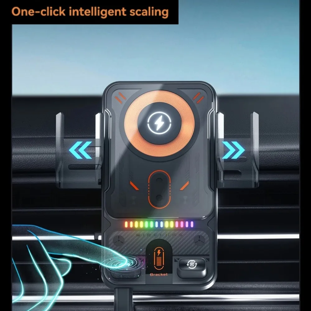 Car Holder Dual Motor Electric Rotating Opening Closing Mobile Phone Stand Mount 15W Wireless Fast Charging Car Phone Bracket