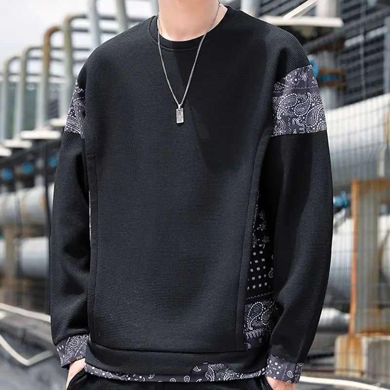 

Male Clothes Crewneck Waffle T-shirt Sweatshirt for Men Round Neck Top Hoodieless Pullover Spliced Designer Welcome Deal New In
