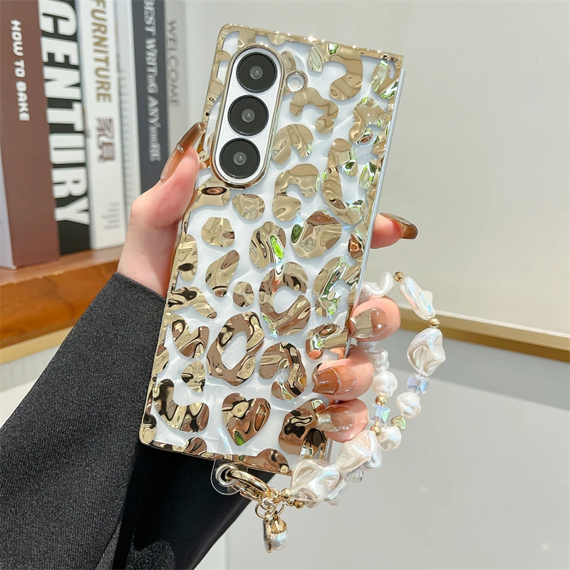 För Samsung Galaxy Z Fold 6 Luxury Classic Leopard Wave Shockproof Pearl Chain Telefonfodral_voghion.com