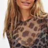 Leopard Print Crop Top Women Sexy Mesh Shirt Long Sleeve Crew Neck Top Streetwear Fashion Slim Fit T-shirts Transparent Tee