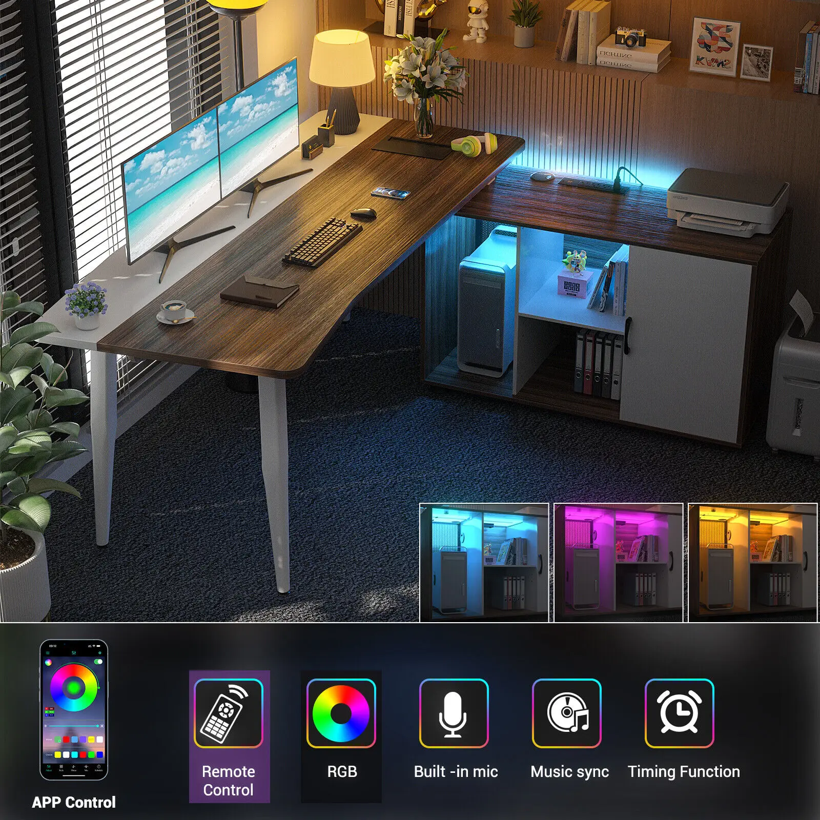 

55" Computer Desk w/ Cabinet + LED & Charging Station Home Office Desk with Door
