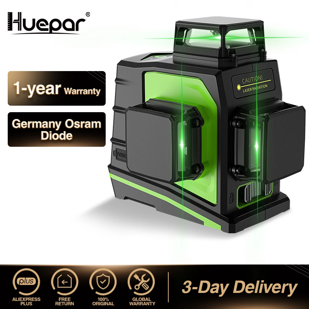 Huepar 3x360° Cross Lines 3D Bluetooth Connectivity Green Beam  Self-Leveling Laser Level with Li-ion Battery & Hard Carry Case - AliExpress