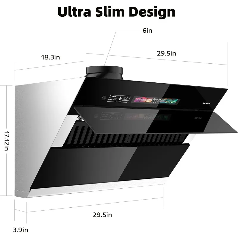 BRANO Range Hood 30 inch with 900CFM, Voice/Gesture Sensing/Touch Control Panel, Unique Side-Draft Design Under Cabinet Modern