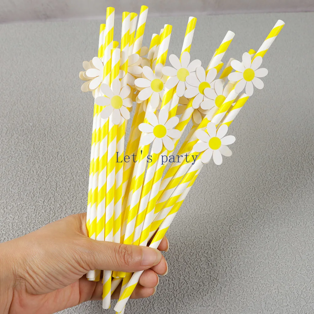 30 Stück Einweg-Papierstrohhalme mit süßem Gänseblümchen-Motiv, Sonnenblumen-Bar-Trinkhalm für Geburtstag, Babyparty, Hochzeit, Party, Dekoration – Detail 5