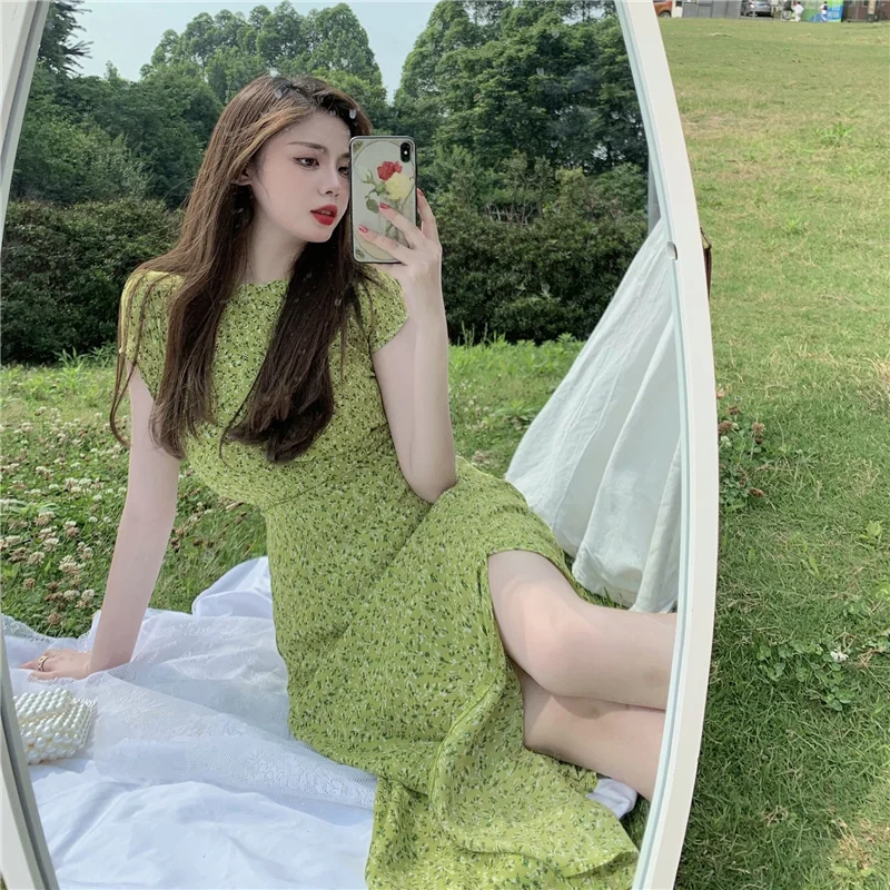 

Floral Dress Women 2022 Summer Waistless Short-sleeved Round Neck Slit Midi Dress Female Sexy Backless Thin Chiffon Dress Femme