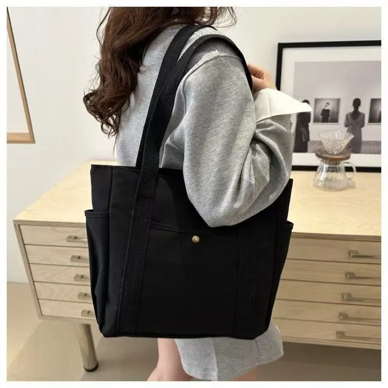 Canvas Women's Large Capacity Multiple Outer Pocket Zipper Shoulder Bag Student Handbag Shopping_voghion.com