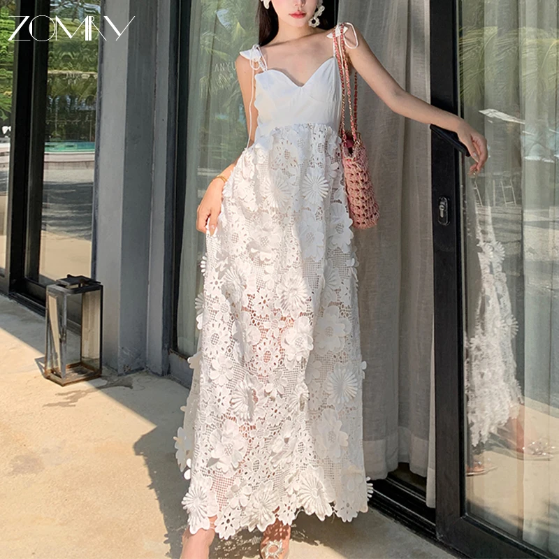 

ZOMRY French Sexy Elegant Lace Sleeveless Suspender Dress Women's 2024 Spring Summer Fashion Solid Hollow Slim Out Beach Dresses